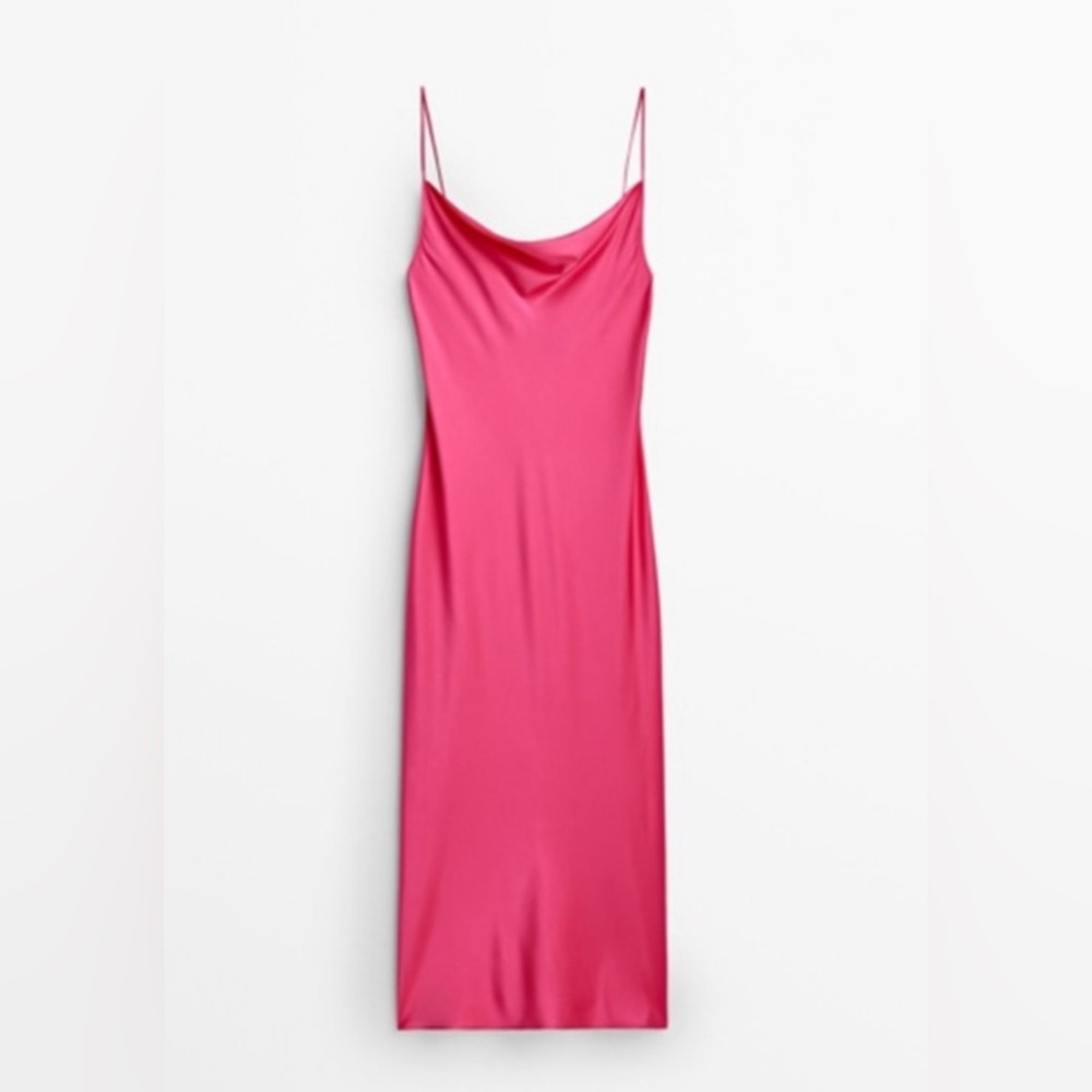 Massimo Dutti fuchsia satin slip dress midi - size M